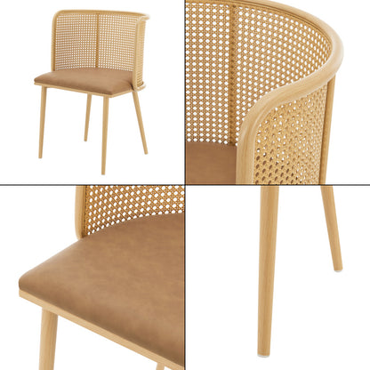 Eetkamerstoel – Stoel – Kuipstoel – Meubel – Woonkamerstoel – Set van 2 – Rattan Rugleuning – Kunstleer Bekleding – Stevig Metalen Frame – Hoge Zitcomfort