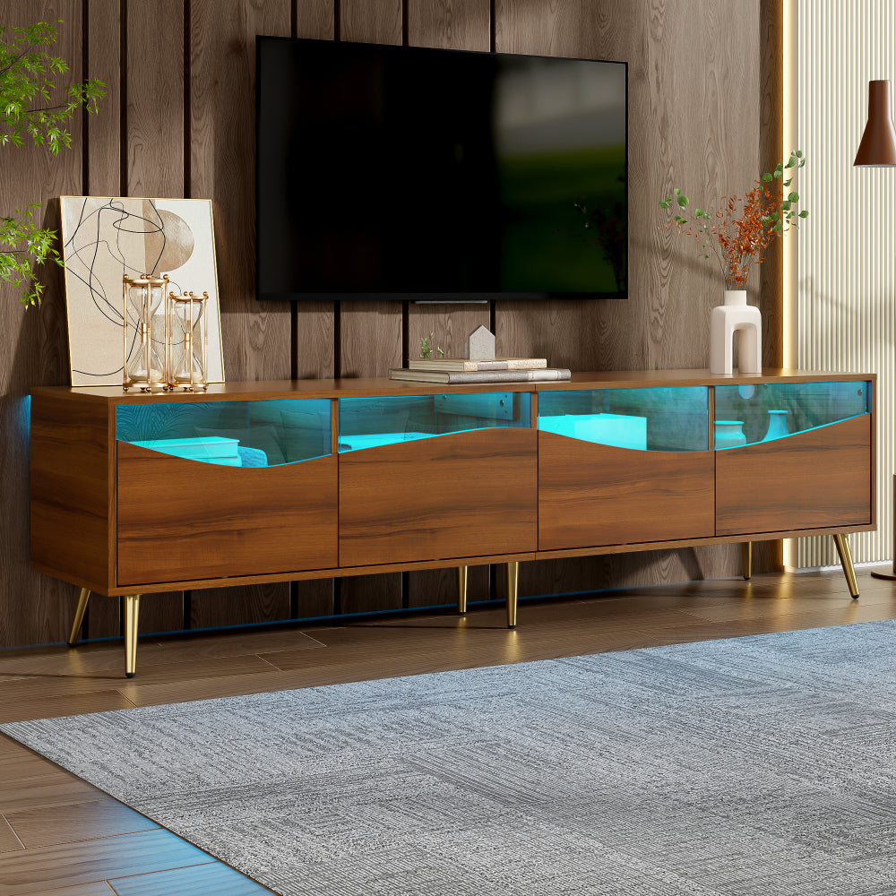 Modern TV Stand with Golden Metal Legs & Glass Top - Extra Long 180cm Media Console, Heavy-Duty Metal Construction, Built-in Storage Cabinet with Open Shelves & Closed Cabinets, Minimalist Living Room Furniture for Large TVs,
