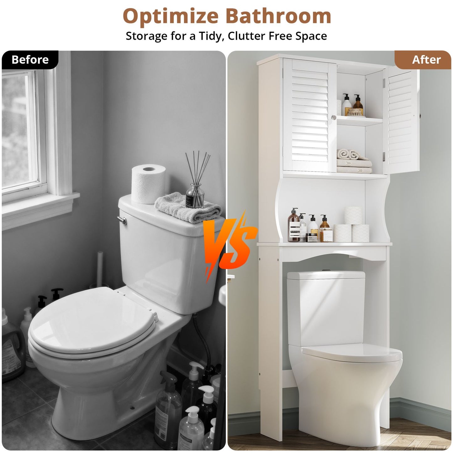 White Over the Toilet Storage Cabinet | 3-Tier Adjustable Shelves, Double Louvered Doors, Freestanding Hardwood Bathroom Organizer for Space-Saving Storage, Classic Style