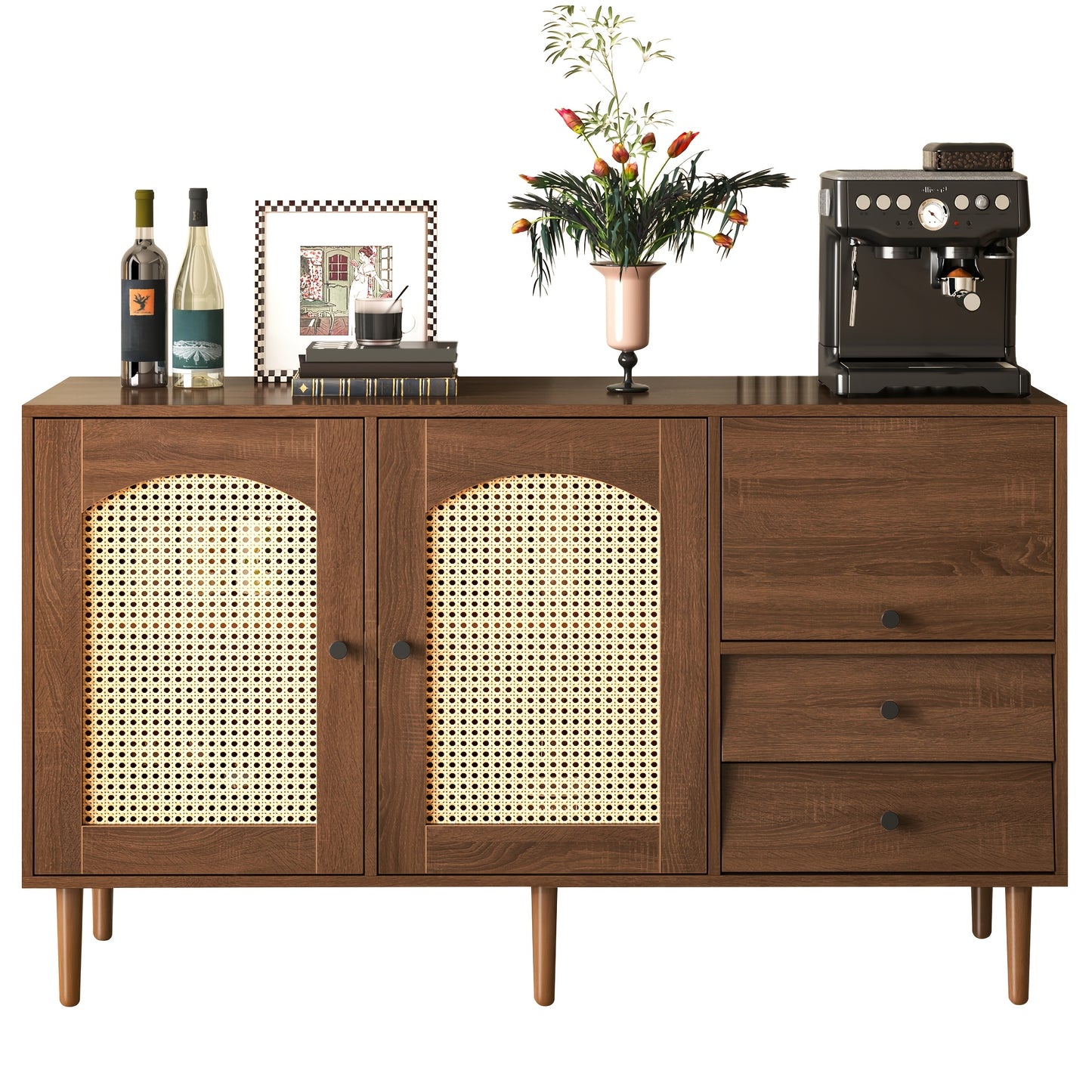 Rustic Sideboard With Rattan Doors - 130 X 75.5 X 40 Cm - Magnetic Suction Cups, Adjustable Shelves, Solid Structure - Elegant And Versatile Design, Storage Drawer Units