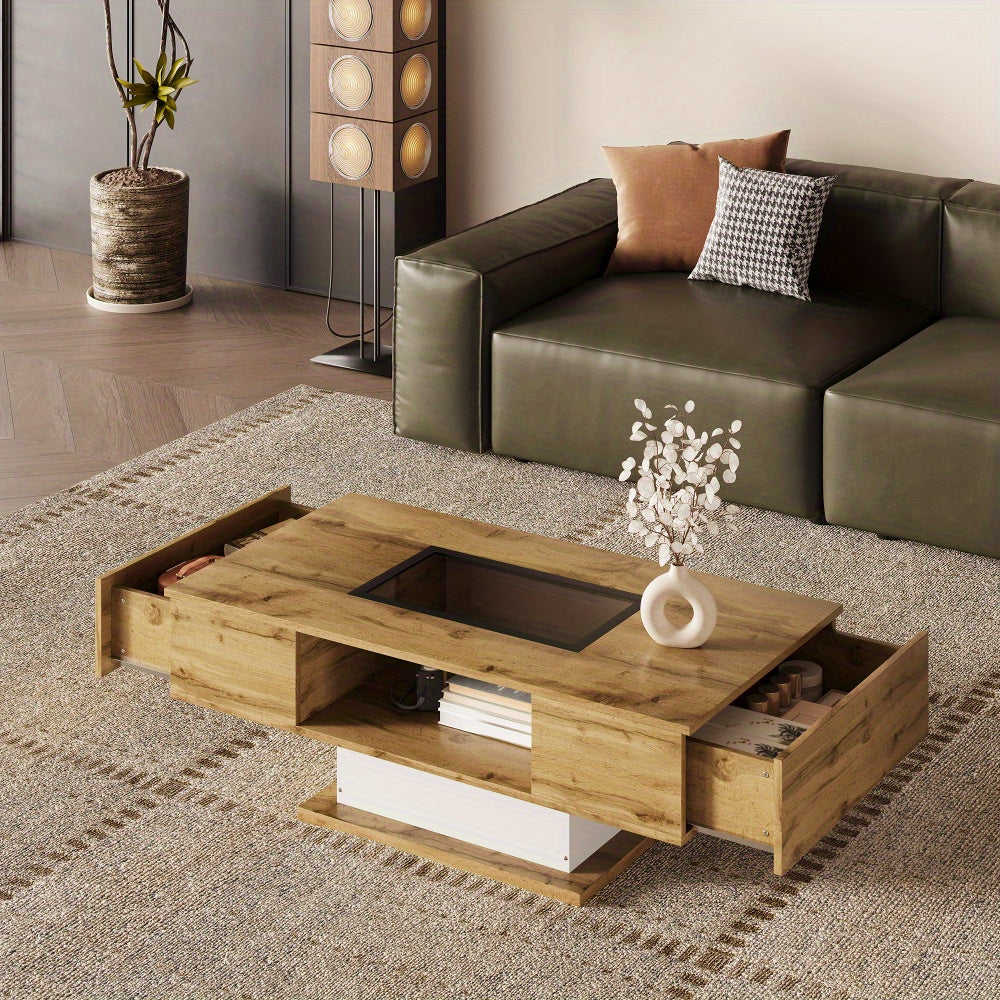 Salontafel – Koffietafel – Bijzettafel – Tafel – Woonkamertafel – Houtkleur – Glasblad – 2 Lade – Modern Design – Direct Gebruiksklaar