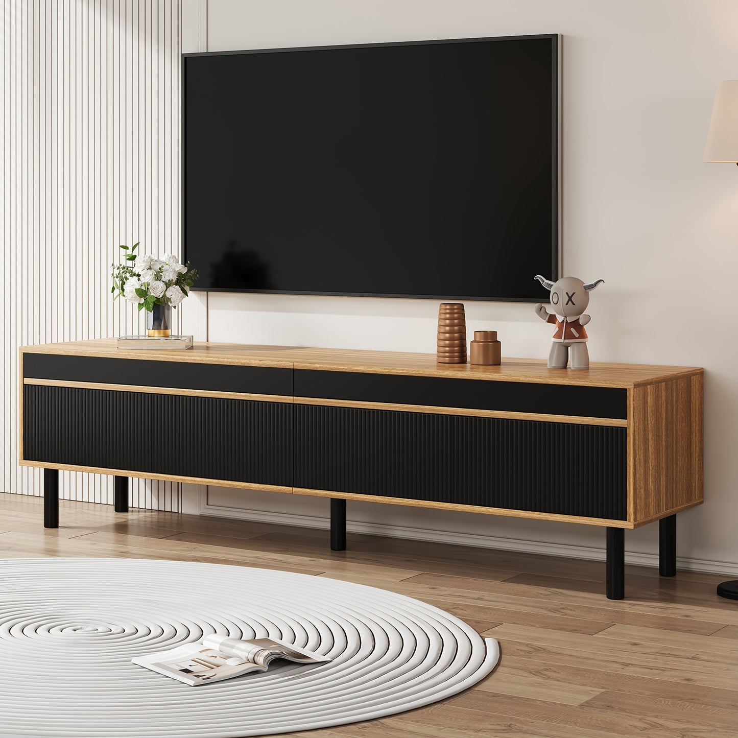 TV Cabinet, TV Stand, TV Panel, And Three-door Base Cabinet. Fine Texture. Available In Black And Natural Wood. Height 47 Cm/ Length 170 Cm/ Width 38 Cm- Heavy-Duty Construction, Spacious Storage, Minimalist Living Room Furni