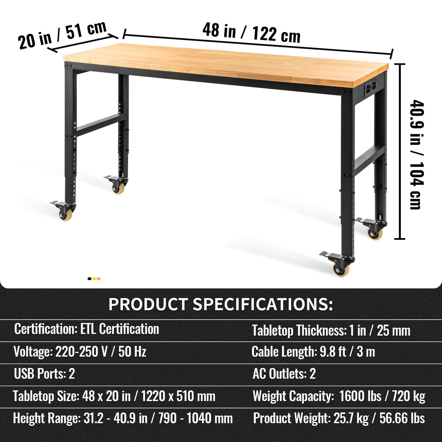 Werkbank – Opvouwbare Werktafel – Werkbank Met Lades – Verstelbare Werktafel – Mobiele Werkbank – Massief Houten Werkblad 122x51 cm – Ingebouwd Stopcontact Met USB Poorten