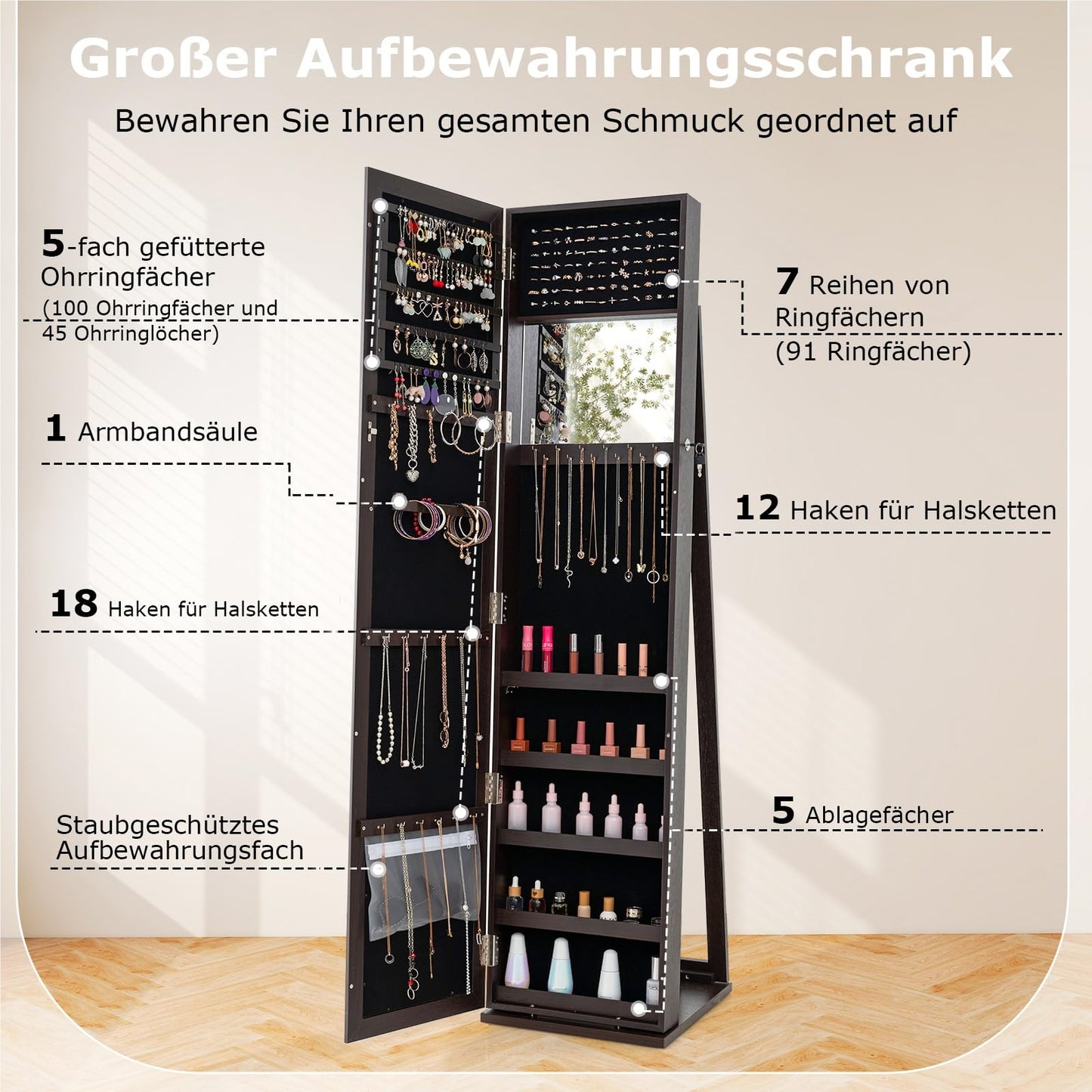 Sieradenkast – Juwelenkast – Spiegelkast – Organizer – Opbergkast – Volledige Spiegel – Afsluitbaar Met Slot – MDF Donkerbruin