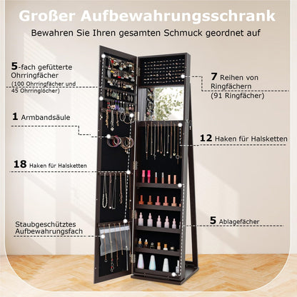 Sieradenkast – Juwelenkast – Spiegelkast – Organizer – Opbergkast – Volledige Spiegel – Afsluitbaar Met Slot – MDF Donkerbruin