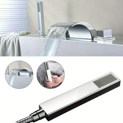 Quiltern Modern Waterfall Bath Faucet - Edge Mount 5-Hole Installation for 1/2" Hose, Brass & Chrome Bathroom Sink/Fixture with Spiral Drain & Valve