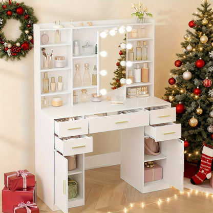 Make-up Tafel – Kaptafel – Schminktisch – Vanity Table – Opmaaktafel – Wit – 5 Laden & 9 Open Vakken – Spiegel Met Verborgen Opbergruimte – MDF & Kurk – 108 cm Breed – Plug Powered – Eenvoudige Montage