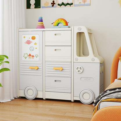 Speelgoedopberger – Speelgoedkist – Opbergkast – Opbergbox – Opbergmand – Busvormige Kinderkast – Kunststof Met 4 Uittrekbare Lades – Ruime Grijs-Beige Afwerking