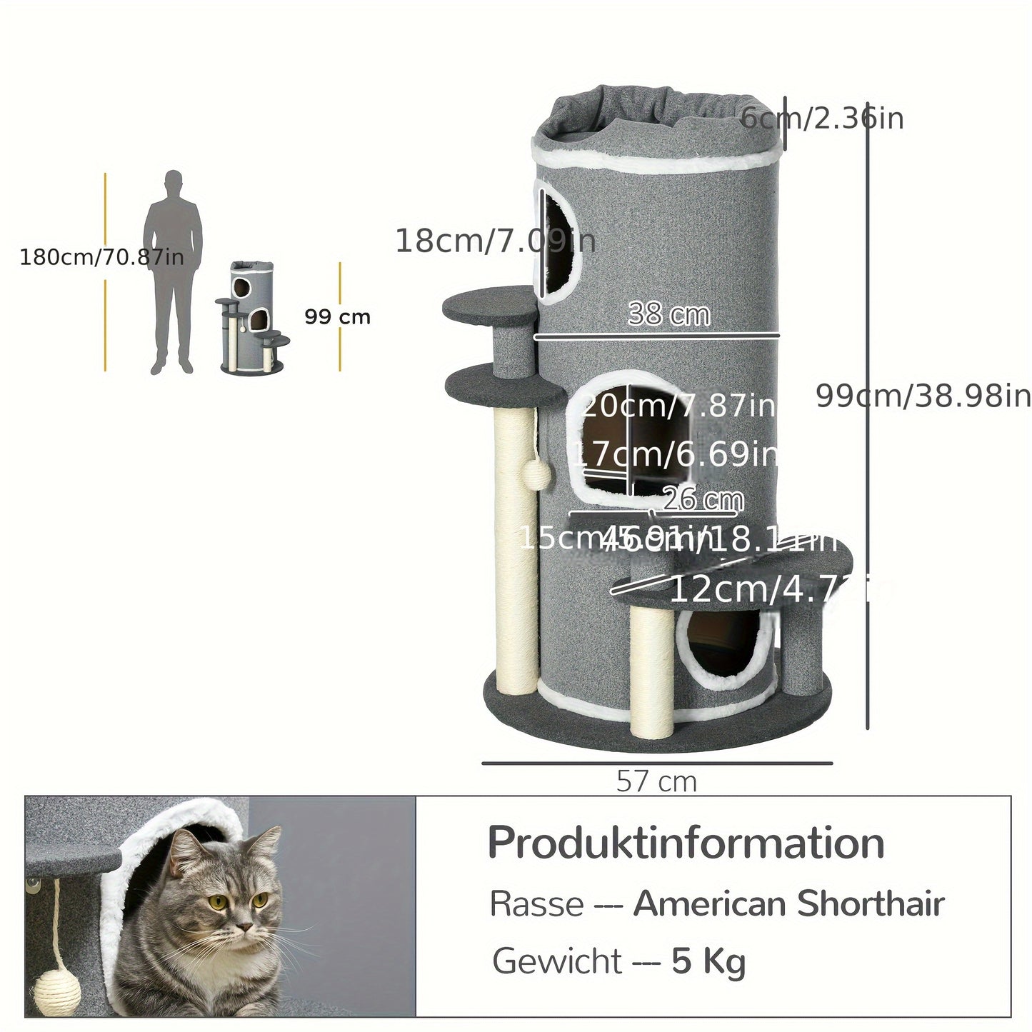Krabpaal – Kattenklimrek – Kattenmeubel – Kattenhuis – Krabmeubel – 99 cm Hoog – Stevig Spaanplaat – Inclusief Kattenbed & Speelbal – Grijs