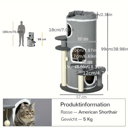 Krabpaal – Kattenklimrek – Kattenmeubel – Kattenhuis – Krabmeubel – 99 cm Hoog – Stevig Spaanplaat – Inclusief Kattenbed & Speelbal – Grijs