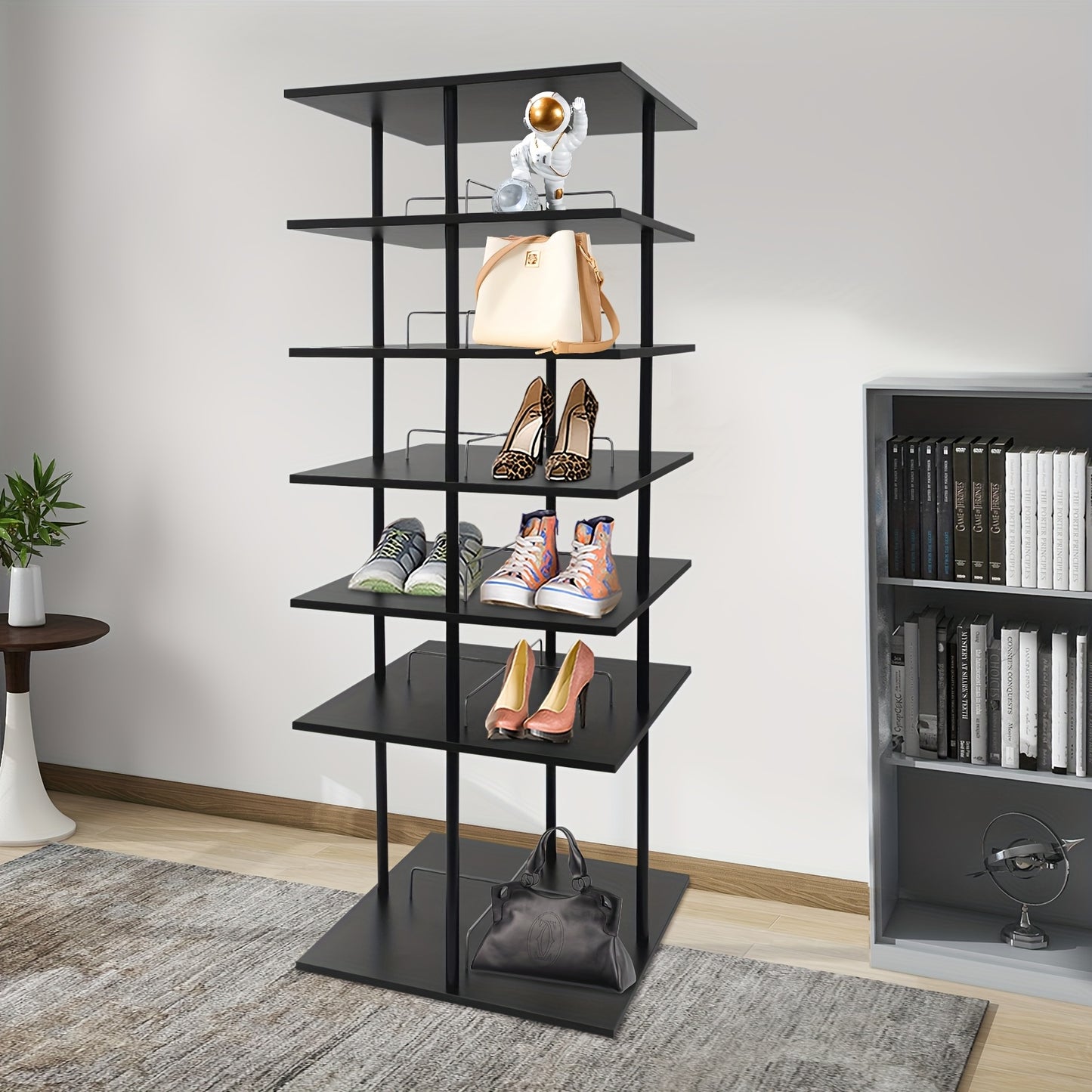Schoenenrek – Schoenenkast – Schoenenopberger – Schoenenrek Hout – Schoenenrek Metaal – 6 Lagen – 360° Draaibaar – 57x57x155 cm – Zwart