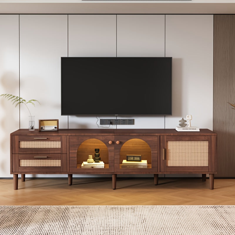 tv meubel – tv kast – tv dressoir – media meubel – tv stand – Groot Bruin Modern Tv Meubel voor 70-80 Inch – Gebogen Deuren & 2 Lades – Ruime Opbergruimte 3,2+ Kubieke Voet – Duurzaam Niet-Hout Materiaal – Eenvoudige Montage