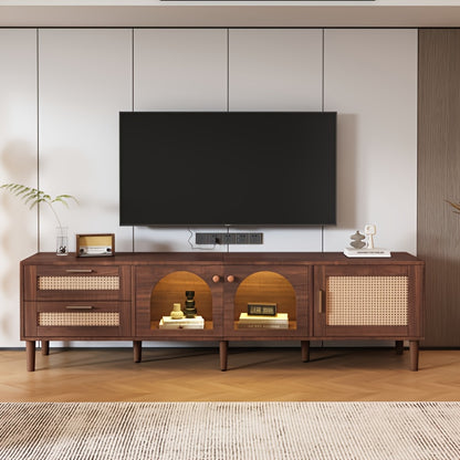 tv meubel – tv kast – tv dressoir – media meubel – tv stand – Groot Bruin Modern Tv Meubel voor 70-80 Inch – Gebogen Deuren & 2 Lades – Ruime Opbergruimte 3,2+ Kubieke Voet – Duurzaam Niet-Hout Materiaal – Eenvoudige Montage