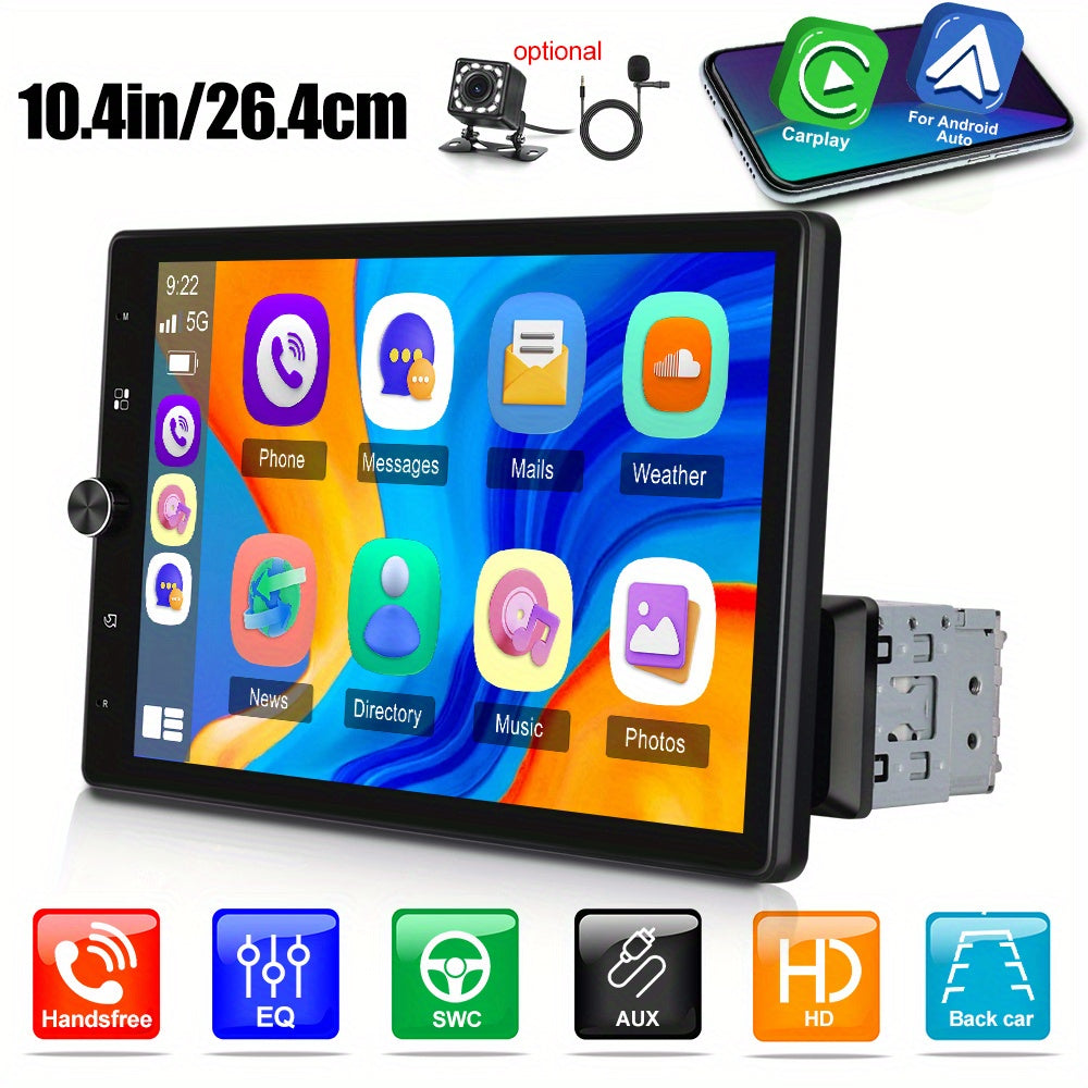 Autoradio Single DIN – Auto Multimedia Speler – Draaibaar Scherm – Touchscreen Radio – CarPlay Android Auto – 10,4 Inch HD Scherm – AHD Camera Ondersteuning