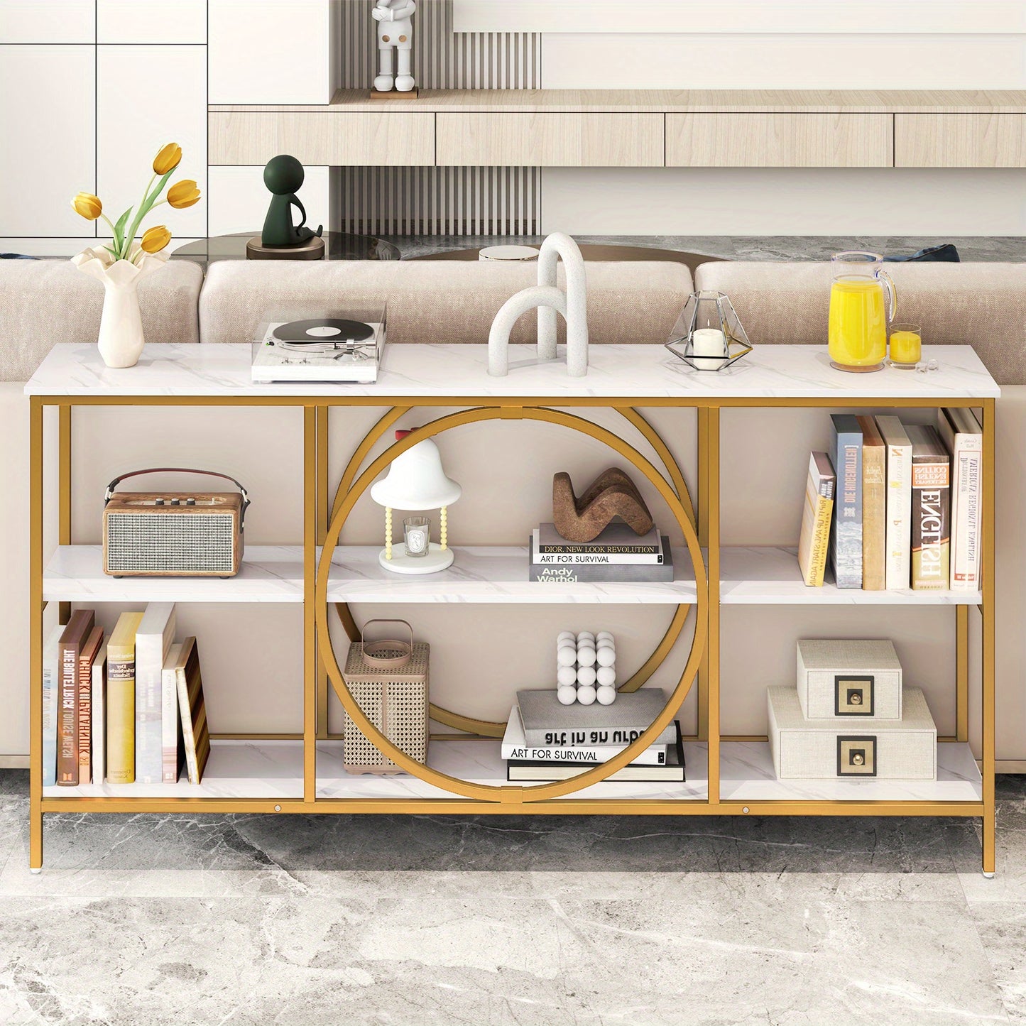 Sidetable – Consoletafel – Wandtafel – Haltafel – Bijzettafel – Extra Lang – Marmerlook Tafelblad Met Goud Metalen Frame