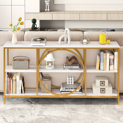 Sidetable – Consoletafel – Wandtafel – Haltafel – Bijzettafel – Extra Lang – Marmerlook Tafelblad Met Goud Metalen Frame