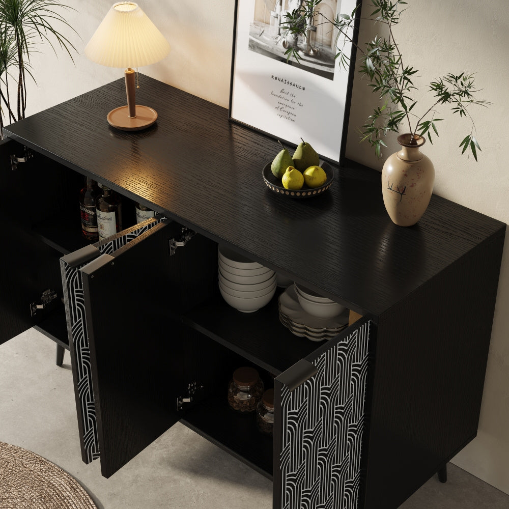Dressoir – Opbergkast – Ladekast – Buffetkast – Woonkamerkast – Vrijstaand – Hout & Spaanplaat – Visgraatpatroon Deur – Afmetingen 120x35x78 cm – Zwart