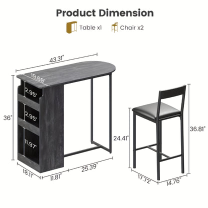 Barset voor 2 Personen – Barstoel – Bistrotstoel – Hoog Tafeltje – Cocktailset – Vintage Kleur – Compact Ruimtebesparend Ontwerp – Drie-laags Opbergrek