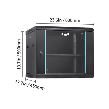 VEVOR 9U Wall Mount Network Server Cabinet, 15.5'' Deep, Server Rack Cabinet Enclosure, 200 lbs Max. Ground-mounted Load Capacity, with Locking Glass Door Side Panels, for IT Equipment, A/V Devices