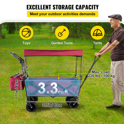 Bolderkar – Opvouwbare Kar – Transportkar – Vouwwagen – Strandwagen – Stevig Stalen Frame – Afneembare Waterafstotende Kap – Extra Grote Laadruimte – 360° Zwenkwielen – Rood