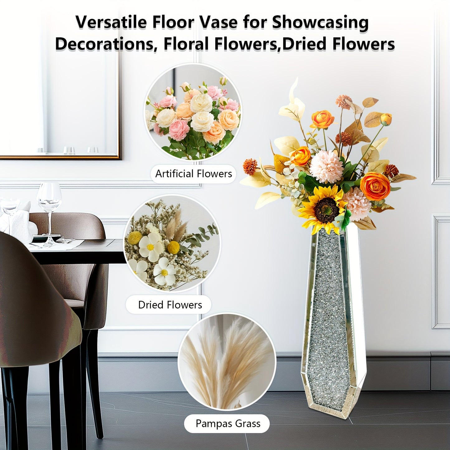 Extra Hoge Vaas – Grote Vazen – Bloemvaas – Interieurvaas – Decoratieve Vaas – Set Van 2 – Spiegelend Glas Met Crushed Diamond – 68 Cm Hoog