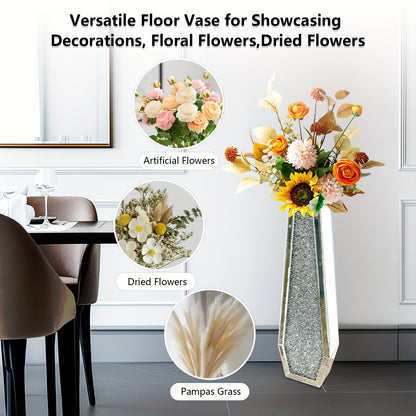 Extra Hoge Vaas – Grote Vazen – Bloemvaas – Interieurvaas – Decoratieve Vaas – Set Van 2 – Spiegelend Glas Met Crushed Diamond – 68 Cm Hoog