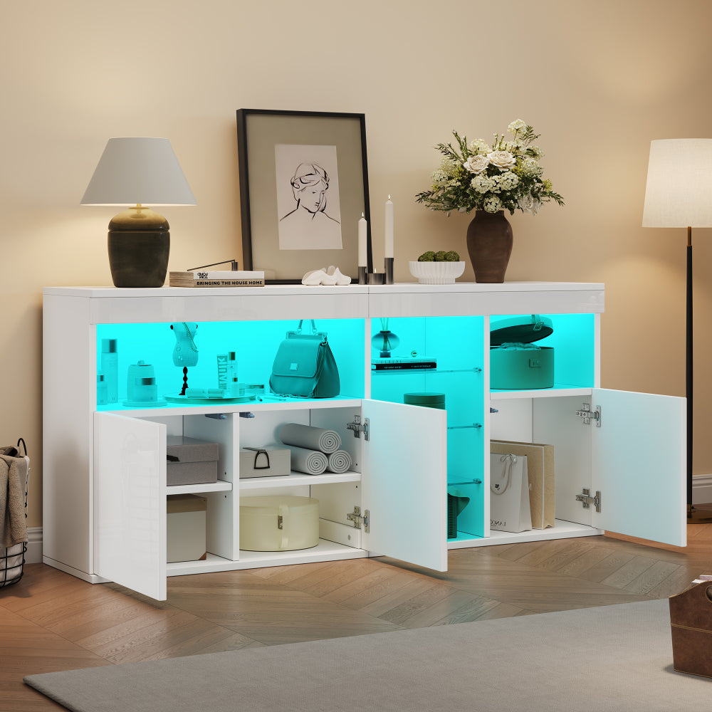 Modern Minimalist Handle-Look-Free Cabinet Suitable for Small Spaces - 3-Door Glass Shelf Storage Unit, Metal Frame Contemporary Sideboard for Living Room, Dining Room, Sofa - Assembly, Wood-Free (Some Assembly Required)
