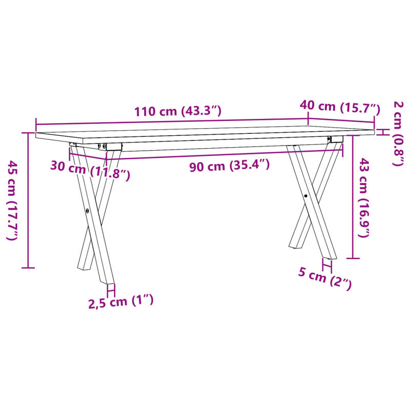 Eettafel – Familietafel – Salontafel – Tafel – Dinertafel – Massief Grenenhout – Stalen X-Frame – 110x40x45 cm – Natuurlijk Design