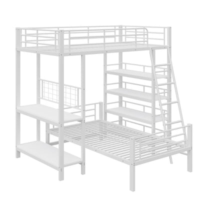 Hoogslaper – Loftbed – Stapelbed – Kinderbed – Eenpersoonsbed – Met Opbergrekken – 90x200 cm – Wit Metaal – Ruimtebesparend – Stevig