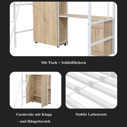 Stapelbed – Halfhoogslaper – Hoogslaper – Kinderbed – Bunkbed – Met Ingebouwde Tafel & Kast – Ruimtebesparend Twin-Over-Twin Ontwerp – Veiligheidsrail & 4-Stappen Ladder – 90x200 cm