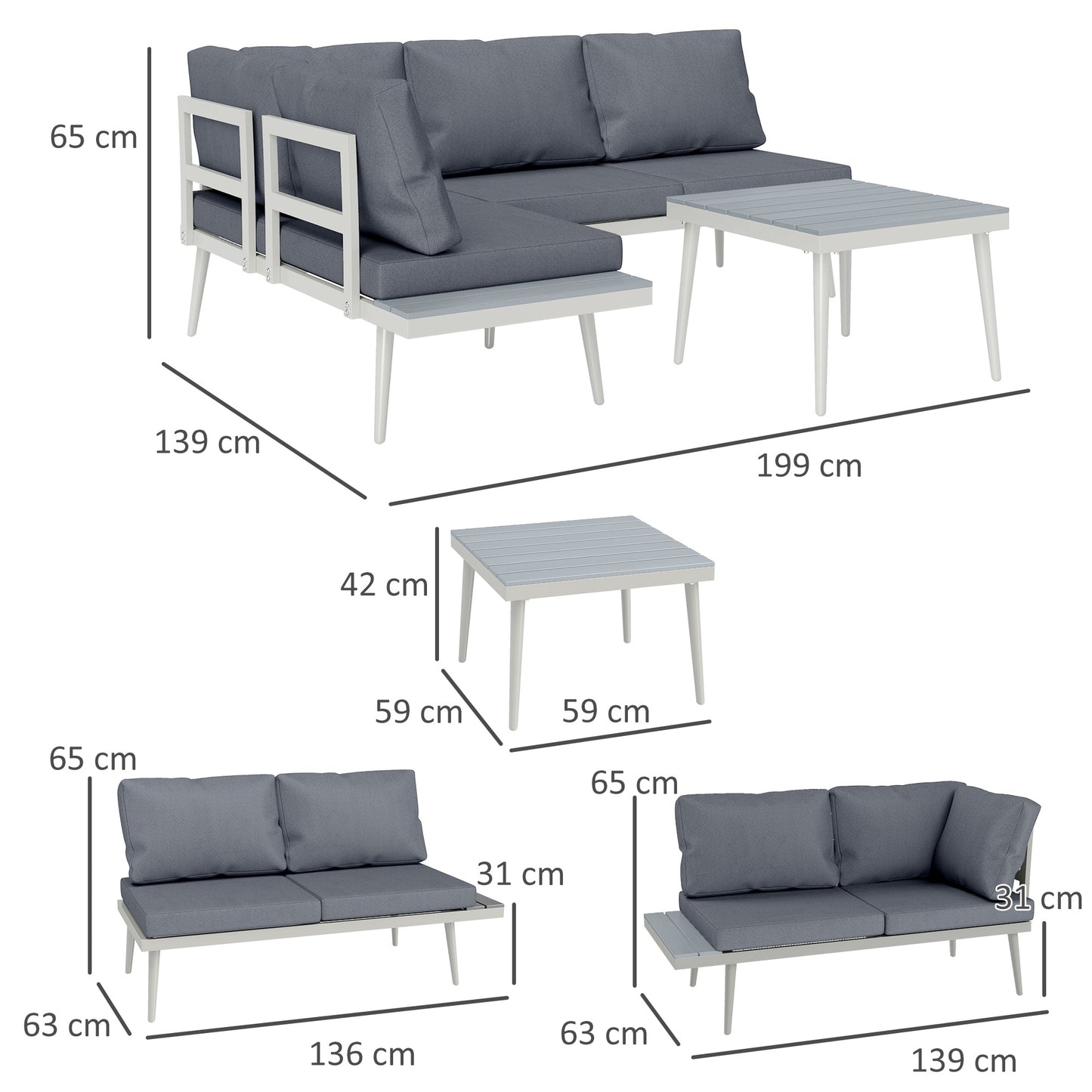 Loungeset Tuin – Tuinmeubelset – Balkonmeubels – Loungemeubelen – Tuintafel Set – 3-delig Modular – Verstelbare Zitplaatsen – Robuuste Stalen Frame – Houtlook Tafelblad – Afneembare Wasbare Kussens – Ademend Textiel