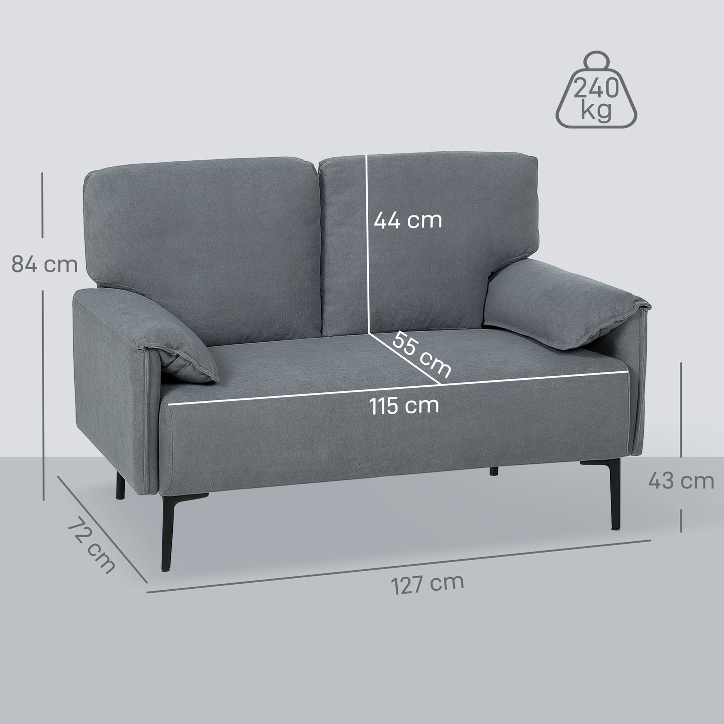 2-Zits Bank – Tweezitsbank – Loveseat – Sofa – Zithoek – Grijs – Fluwelen Bekleding – Extra Dikke Kussens