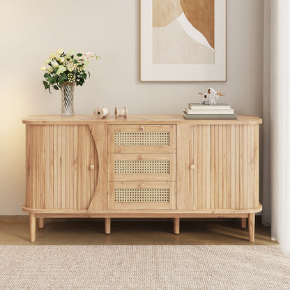 Modern Farmhouse Sideboard Cabinet with Sliding Doors - Natural Beige & Brown Storage Furniture, Adjustable Shelves, Entryway, Living Room, Dining Room Organizer - Easy Assembly Required, Entryway Furniture, Contemporary Desi