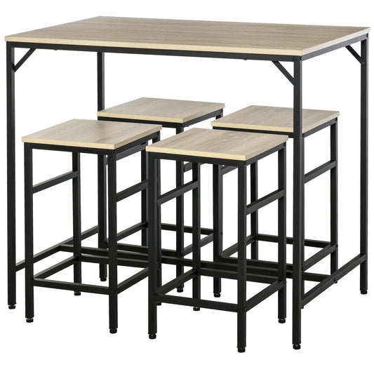Bartafelset – Barkrukken – Eettafelset – Bistoeltafel – Keukentafel – 5-delig – Industrieel Design – Melamine Tafelblad – Zwart Stalen Frame – Compact 100x60x88 cm