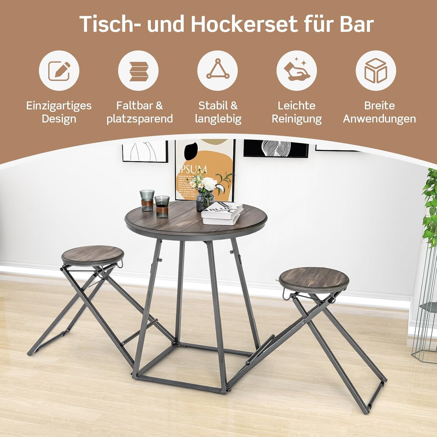 Barset – Opvouwbare Bartafel – Barkrukset – Keukenbar – Compact Eettafelset – Ruimtebesparend Ontwerp – Stabiel Metaal Frame – Grijs Houtnerf