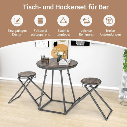 Barset – Opvouwbare Bartafel – Barkrukset – Keukenbar – Compact Eettafelset – Ruimtebesparend Ontwerp – Stabiel Metaal Frame – Grijs Houtnerf