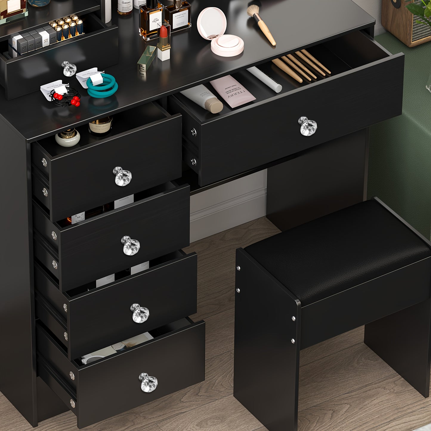 Make-up Tafel – Kaptafel – Schminktafel – Make-up Bureau – Make-up Organizer – Zwart – 6 Lades & Opbergruimte – Instelbare LED Verlichting met 3 Lichtkleuren