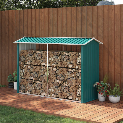 houtopslag – brandhoutrek – houtberging – haardhoutopslag – houtrek – Gegalvaniseerd Staal – Schuin Dak – 240x86x160 cm – Groene Coating