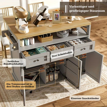 Keukeneiland – Keukentrolley – Serveerwagen – Buffetkast – Keukenkast – Met Wieltjes – Stevig Metalen Frame – Verwijderbare Vakken & Handdoekhouder – Wit
