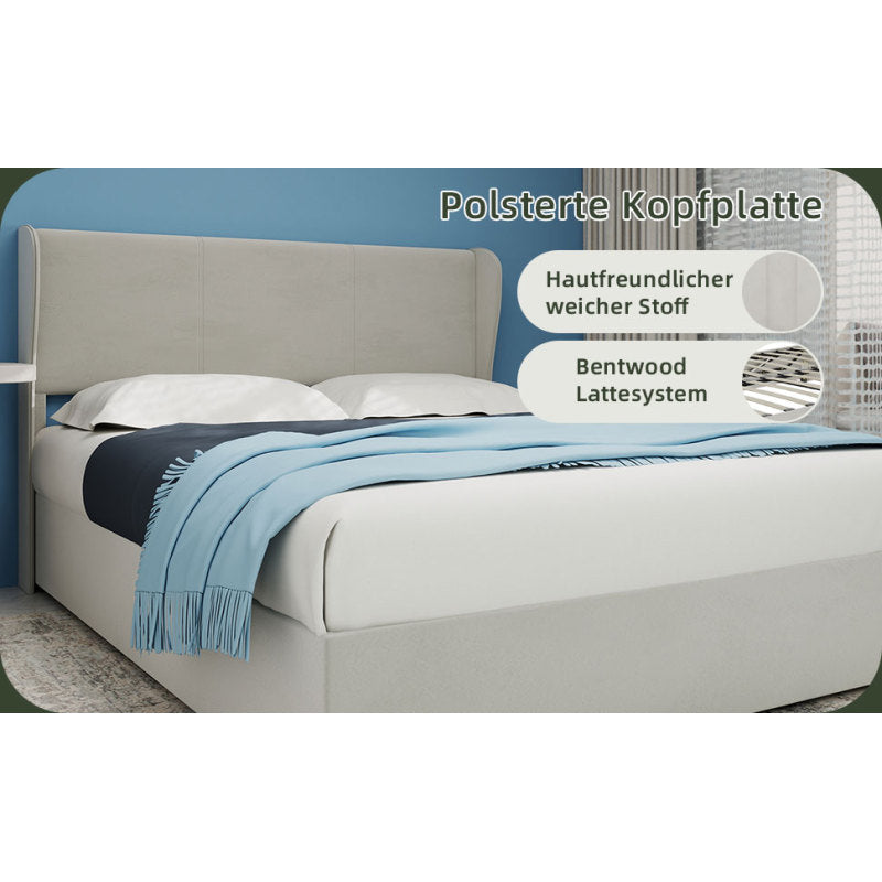 Modern Minimalist Upholstered Bed Frame Queen/King Size (160x200cm) - Beige Fabric Headboard, High-Profile Gas Lift Storage Base, No Box Spring Needed, Easy Assembly, Durable Non-Wood Bed Furniture for Large Mattresses (Mattr