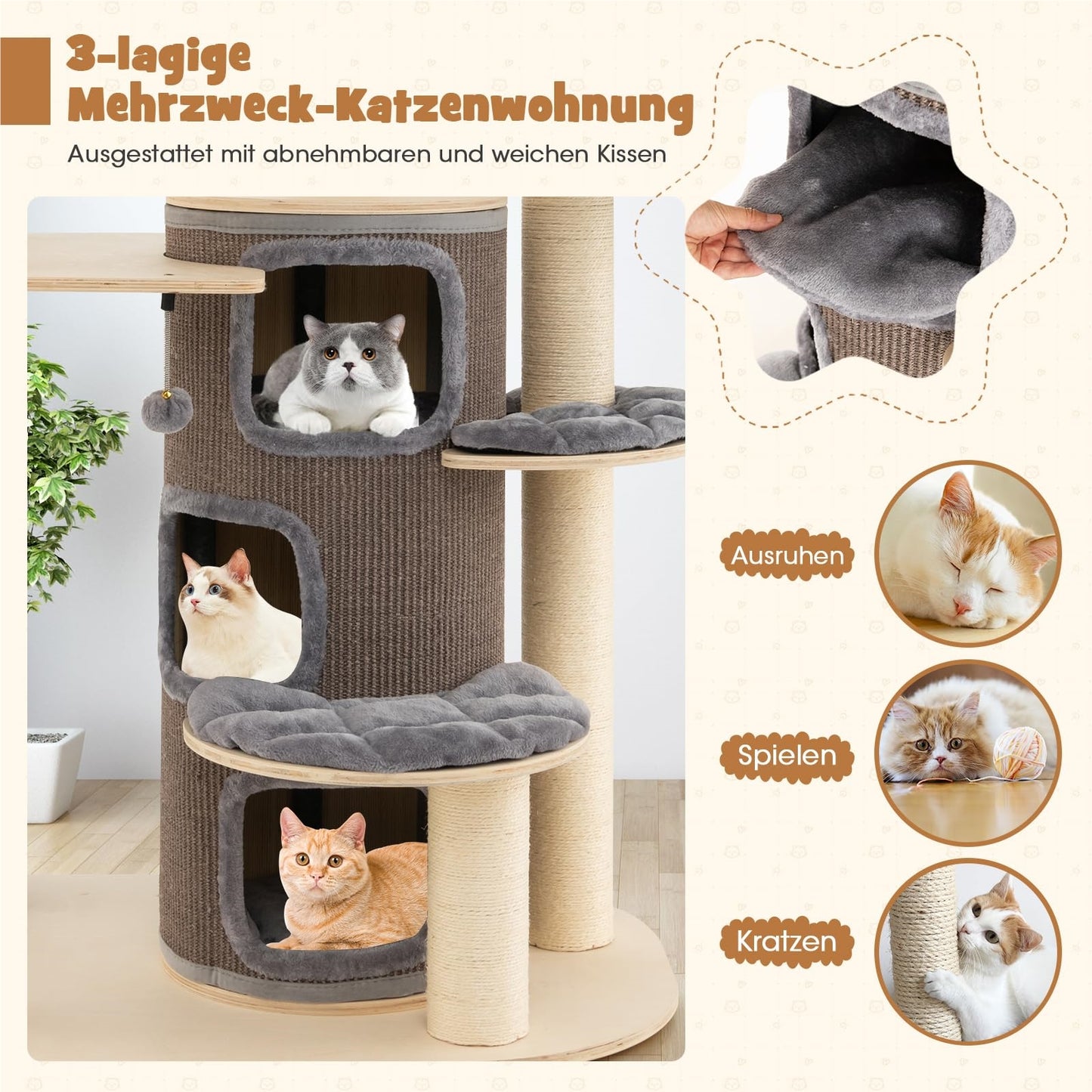 Krabpaal – Klimmeubel – Kattenmeubel – Kattenhuis – Speelboom – 173 cm Hoog – Massief Hout Met Sisal & Pluche