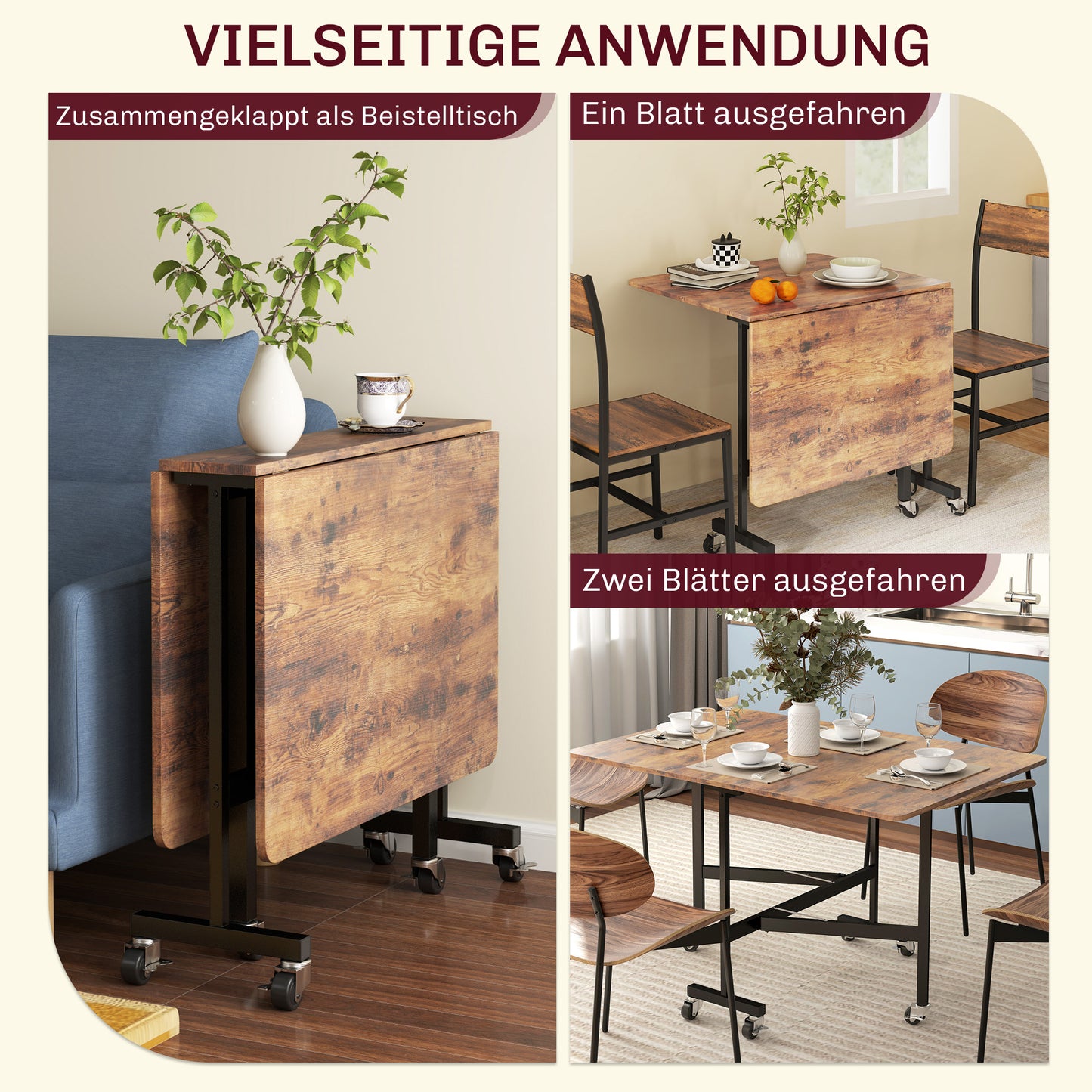 Inklapbare Eettafel – Opklapbare Tafel – Vouwtafel – Uitklapbare Tafel – Compacte Eettafel – Geschikt Voor 6 Personen – Met 6 Wielen En Remmen – Rustiek Bruin