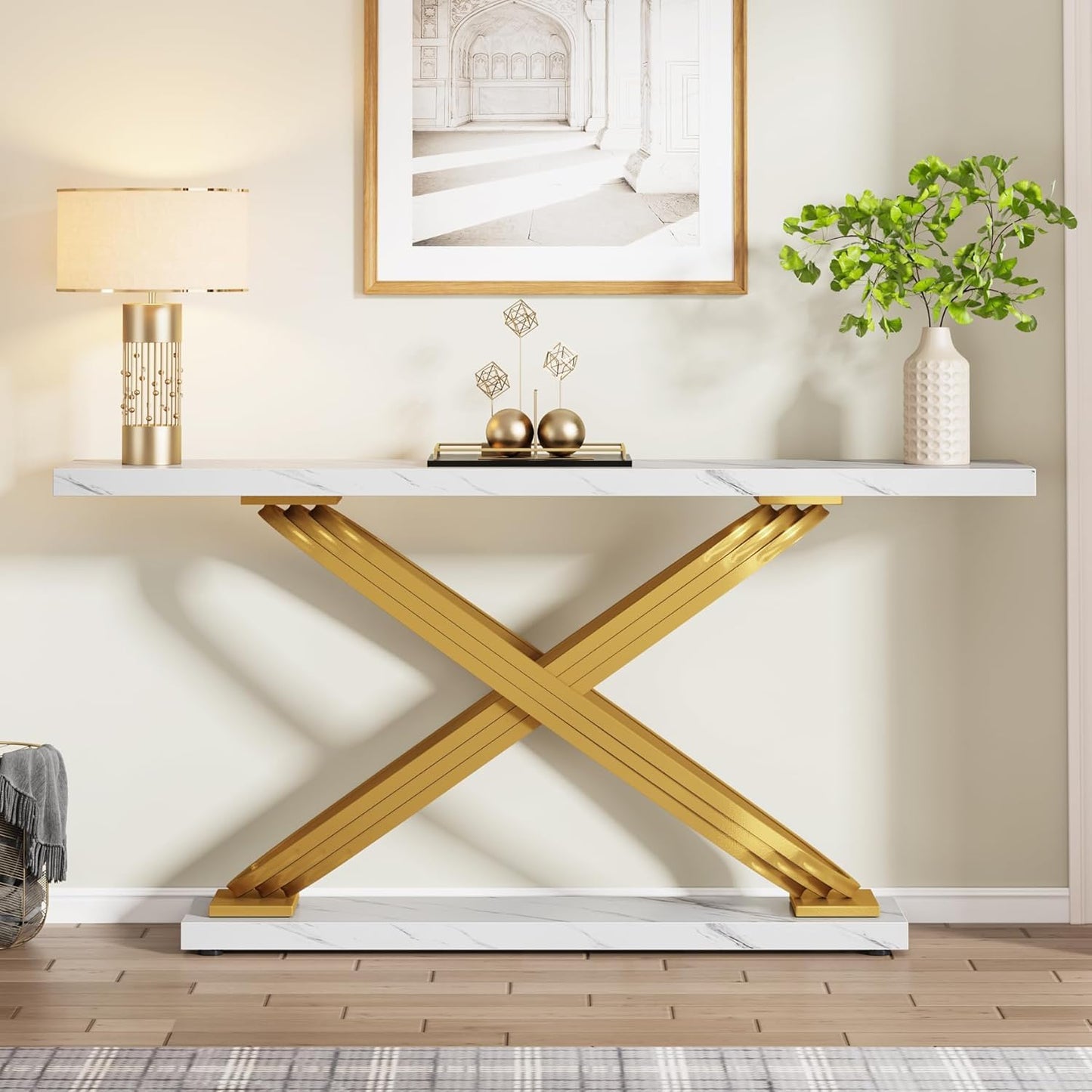 Sidetable – Consoletafel – Wandtafel – Haltafel – Bijzettafel – Wit Faux Marmeren Blad – Gouden Metalen Frame – Smal Design 140x33x80 cm