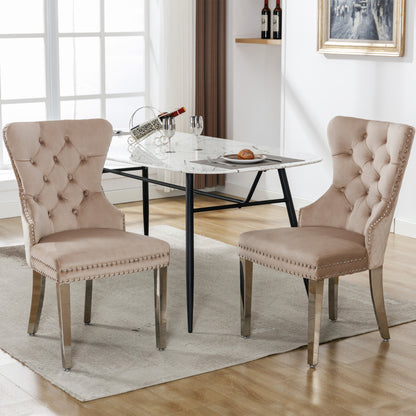 Dining room chair Kitchen chair Living room chair with unique door knocker on the back 2pcs Upholstered chair with nail head trim Support legs made of metal Cover made of beige velvet, Kitchen Seating, Vintage Style Chair, Cl
