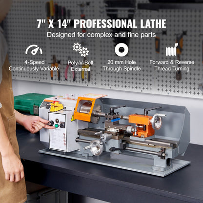 Metaaldraaibank – Draaibank – Tafelmetaaldraaibank – Precisiedraaibank – Metaalbewerking – 7" x 14" Draailengte – 500W Brushless Motor – Variabele Snelheid 0-2200 RPM