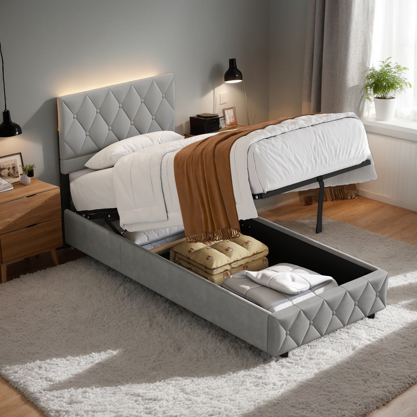 Boxspringbed – Opbergbed – Tweepersoonsbed – Slaapbed – Stofbed – Hydraulische Opbergruimte – Hoog Knoop Hoofdbord – Houten Lattenbodem – Lichtgrijs – Diverse Maten