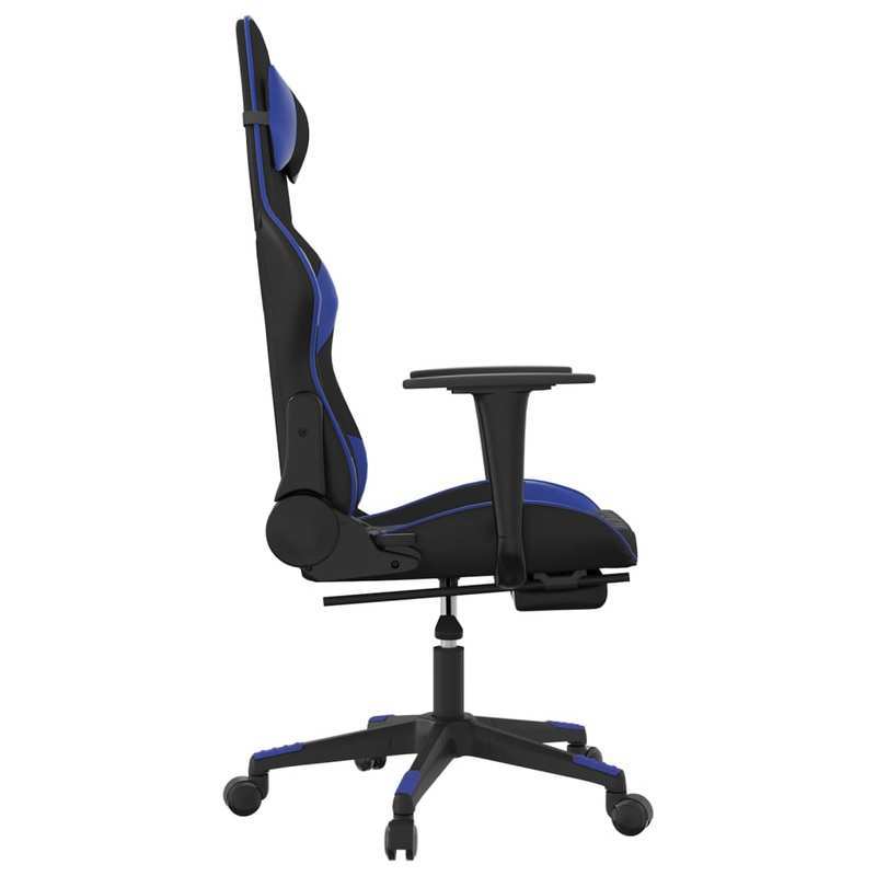 Gaming chair with footrest, black and blue faux leather for gaming PC