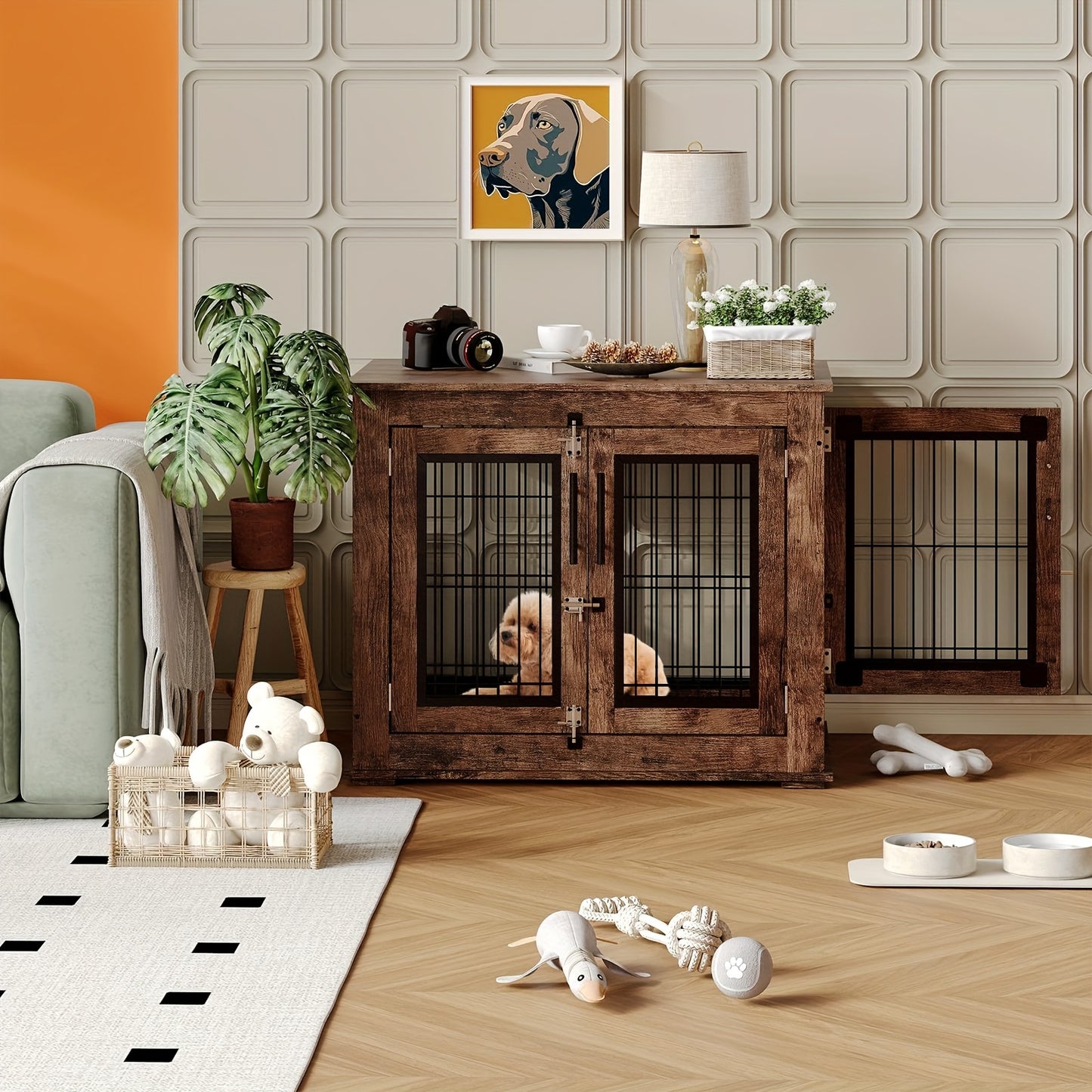 Hondenbench – Hondenkooi – Hondenhok – Dog crate – Houten bench – 80x60x65 cm – Dubbele deuren – Robuust fiberboard
