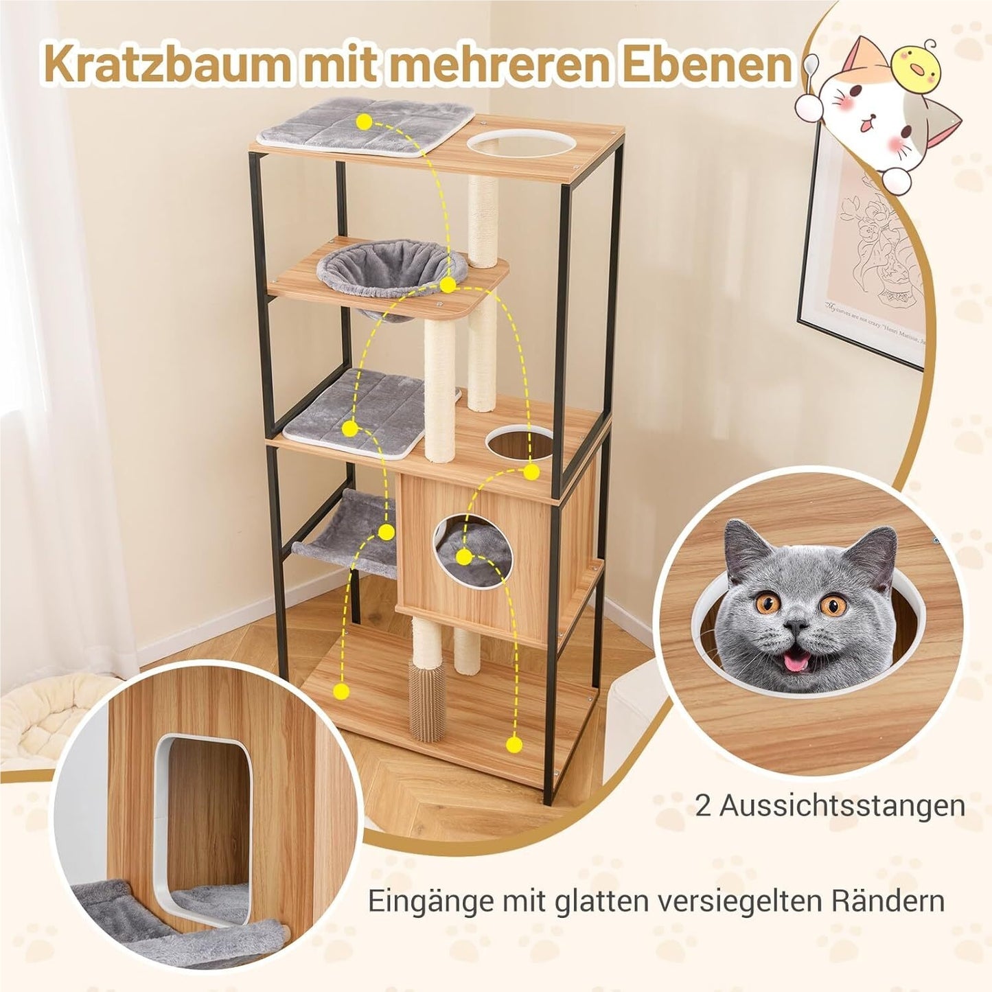 Krabpaal – Kattenboom – Kattentoren – Krabmeubel – Klimmeubel – Met Stabiel Metaal Frame – 5 Niveau’s Met Hangmat En Ruime Ligplaatsen