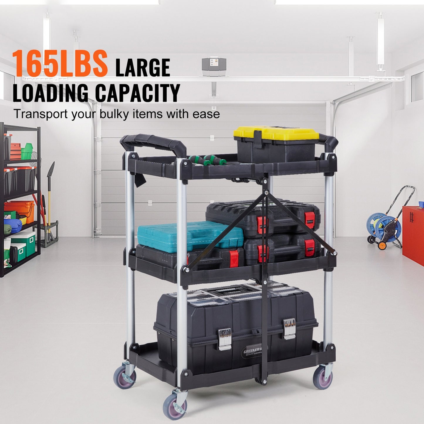 Opvouwbare Servicekar – Transportkar – Stevige Kar – Trolley – Werkwagen – 3 Planken – Draagkracht 165 kg – Vergrendelbare Zwenkwielen
